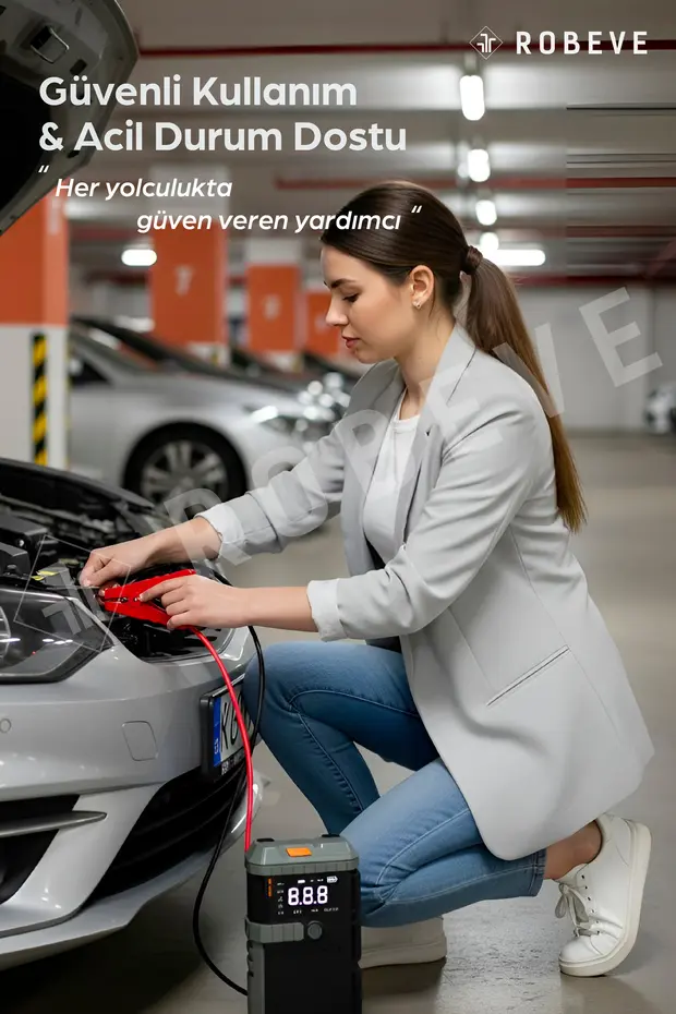 4-in-1 Şarjlı Akü Takviye Cihazı Uyumlu – 12000 mAh , 1200A , Lastik Pompası, Powerbank , LED Işık